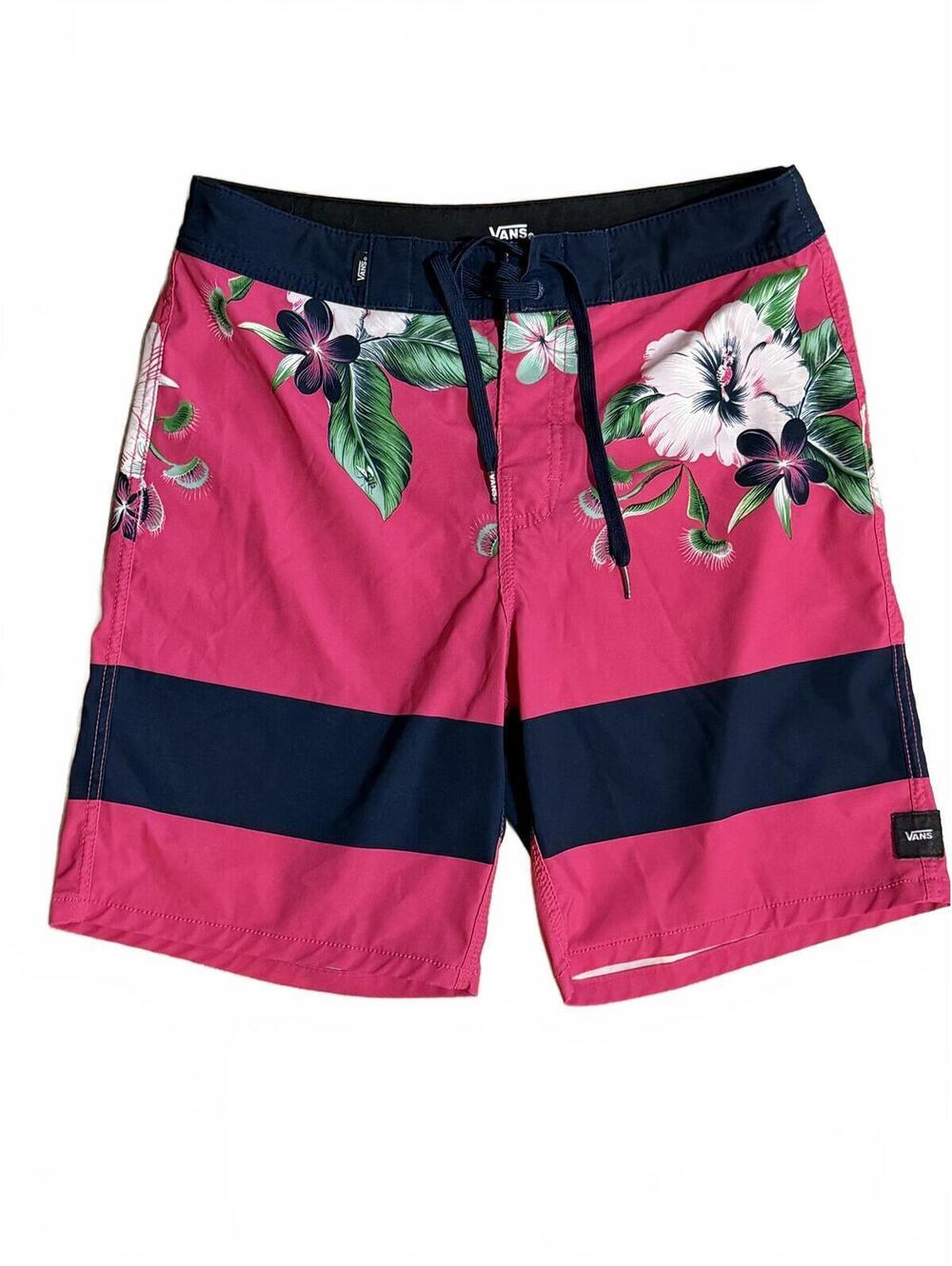 Vans Fuchsia and Navy Floral Print Board Shorts With Drawstring - Size 28